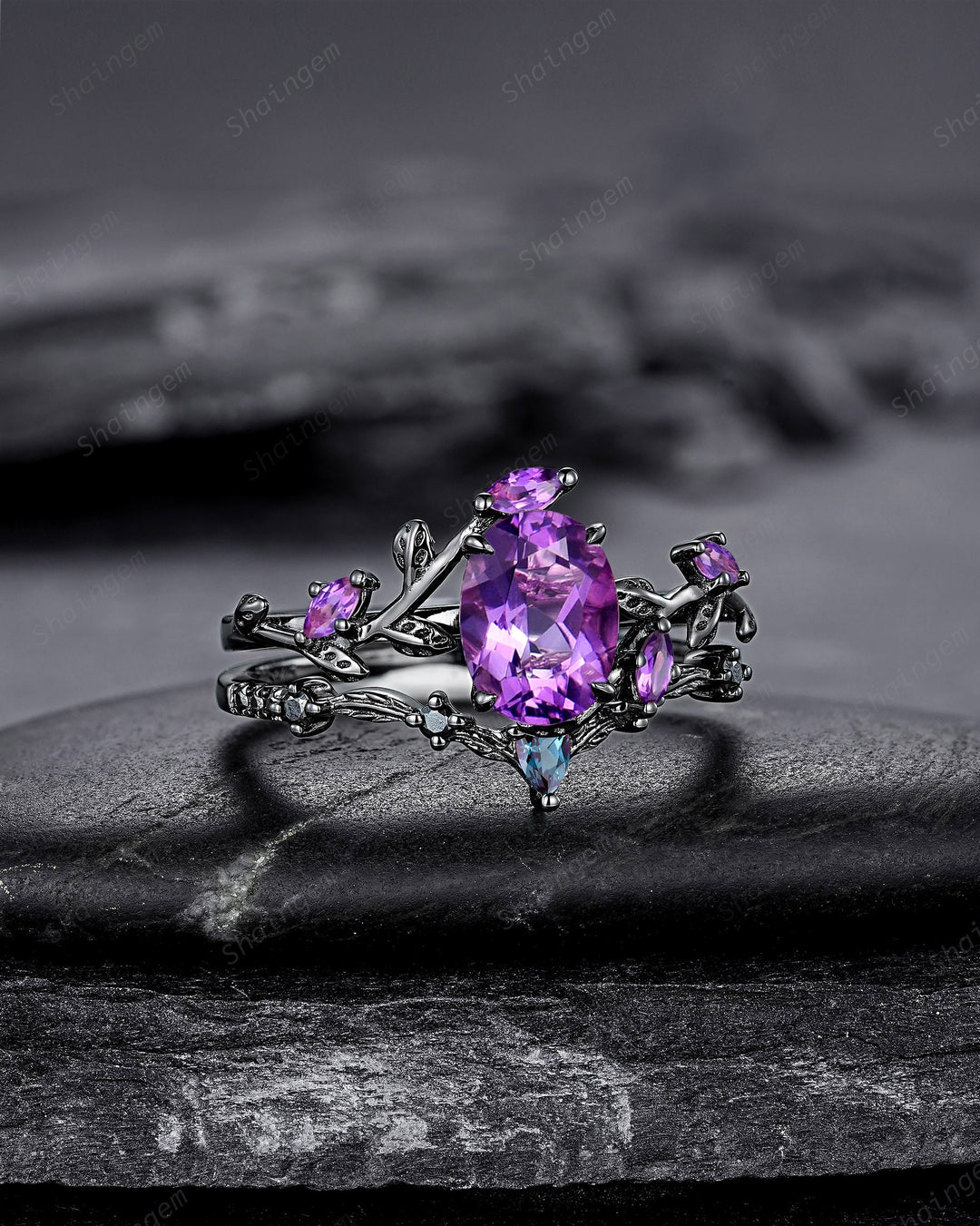 Gothic Oval Shape Amethyst Black Engagement Ring Set, Black Gold Leaf Promise Ring Set, Rhodium Black Witchy Twig Branch Ring Bridal Set - ShainJewelry