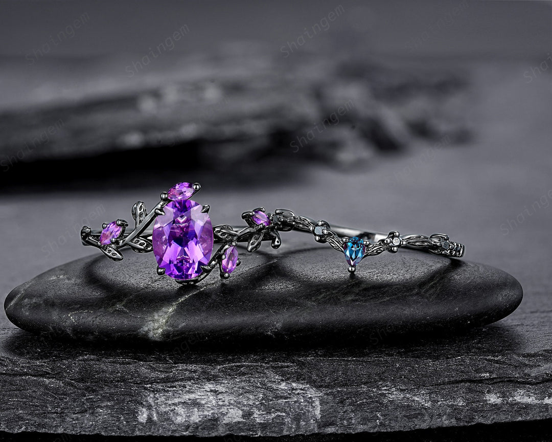 Gothic Oval Shape Amethyst Black Engagement Ring Set, Black Gold Leaf Promise Ring Set, Rhodium Black Witchy Twig Branch Ring Bridal Set - ShainJewelry