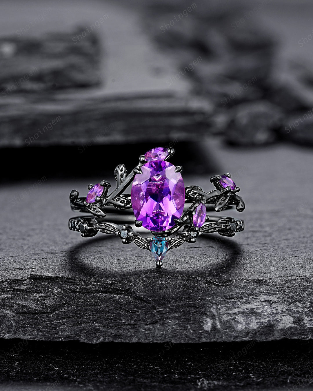 Gothic Oval Shape Amethyst Black Engagement Ring Set, Black Gold Leaf Promise Ring Set, Rhodium Black Witchy Twig Branch Ring Bridal Set - ShainJewelry