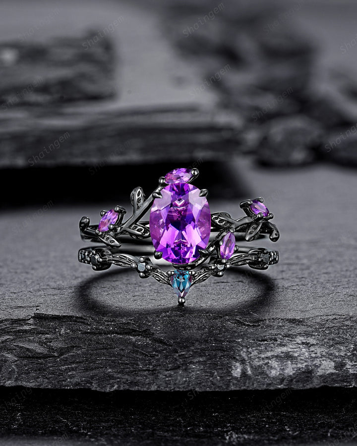 Gothic Oval Shape Amethyst Black Engagement Ring Set, Black Gold Leaf Promise Ring Set, Rhodium Black Witchy Twig Branch Ring Bridal Set - ShainJewelry