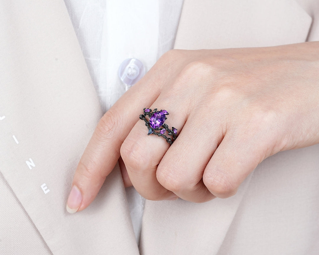 Gothic Oval Shape Amethyst Black Engagement Ring Set, Black Gold Leaf Promise Ring Set, Rhodium Black Witchy Twig Branch Ring Bridal Set - ShainJewelry