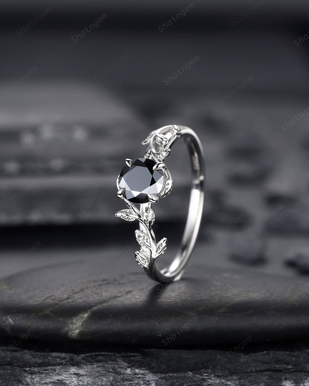 Platinum Round Shape Black Moissanite Solitaire Engagement Ring, Unique White Gold Leaf Promise Ring, Art Deco Nature Inspired Wedding Ring - ShainJewelry