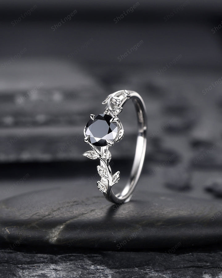 Platinum Round Shape Black Moissanite Solitaire Engagement Ring, Unique White Gold Leaf Promise Ring, Art Deco Nature Inspired Wedding Ring - ShainJewelry