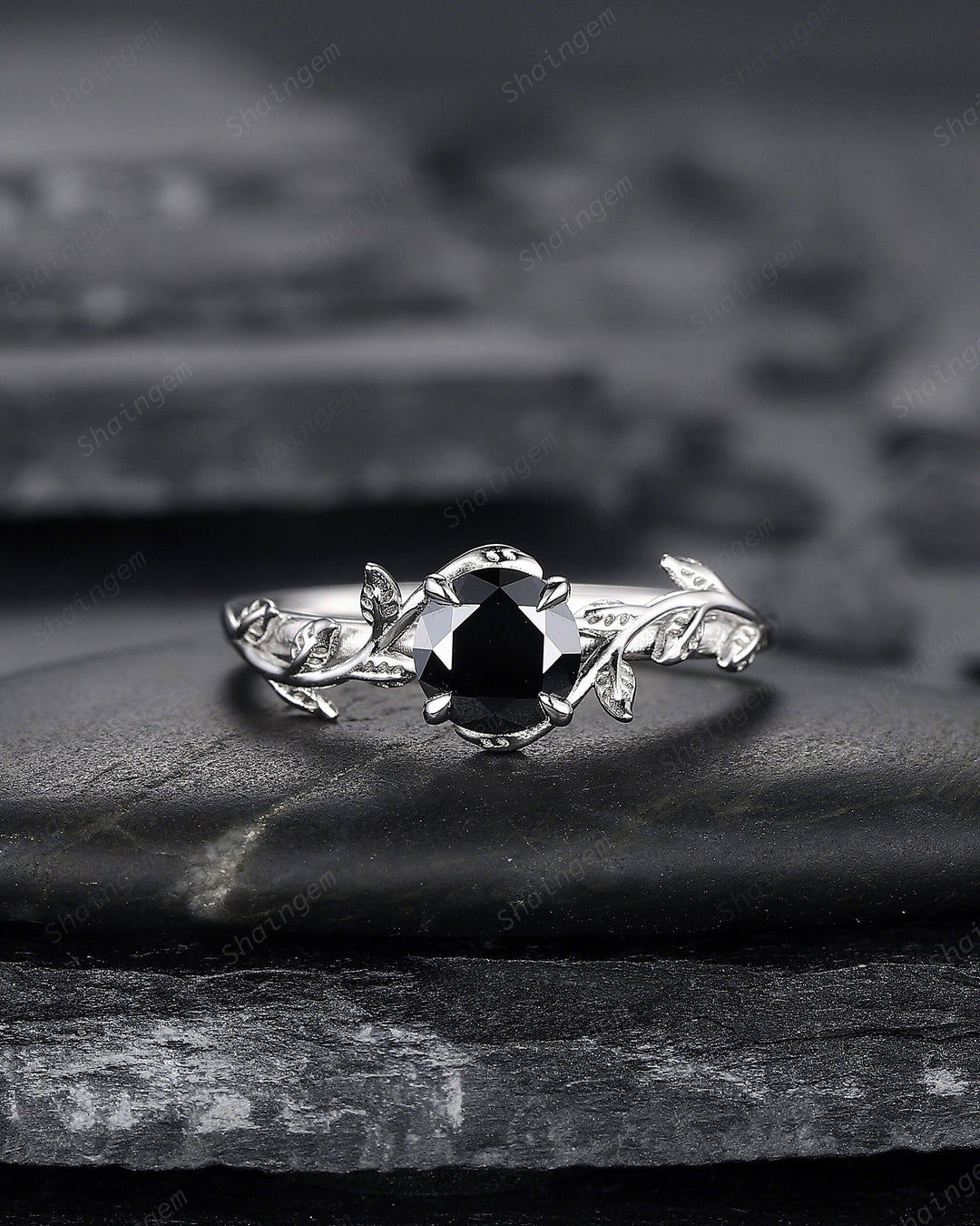 Platinum Round Shape Black Moissanite Solitaire Engagement Ring, Unique White Gold Leaf Promise Ring, Art Deco Nature Inspired Wedding Ring - ShainJewelry