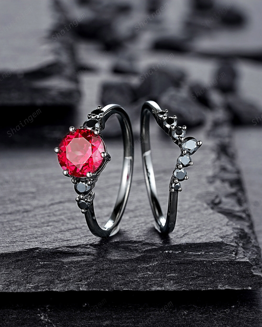 Vintage Black Gold Round Shape Ruby Engagement Ring Set, Black Rhodium Ruby Wedding Set, Unique Dark Bridal Set, Black Promise Ring for her - ShainJewelry