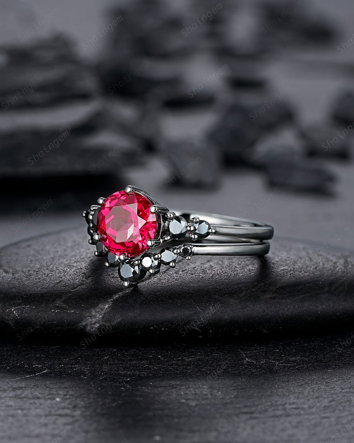 Vintage Black Gold Round Shape Ruby Engagement Ring Set, Black Rhodium Ruby Wedding Set, Unique Dark Bridal Set, Black Promise Ring for her - ShainJewelry