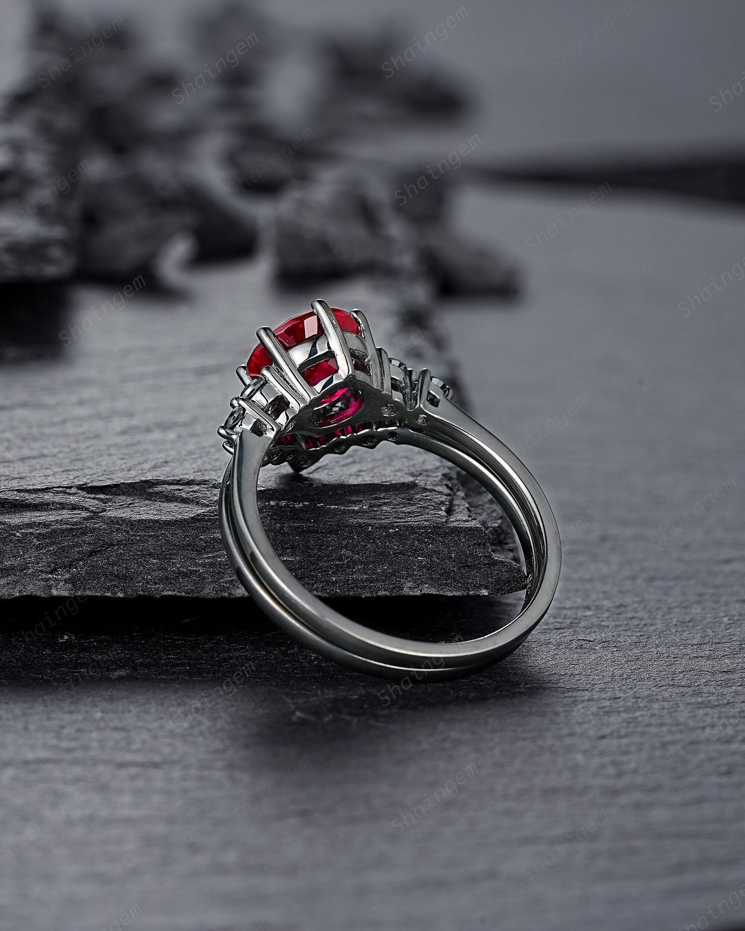 Vintage Black Gold Round Shape Ruby Engagement Ring Set, Black Rhodium Ruby Wedding Set, Unique Dark Bridal Set, Black Promise Ring for her - ShainJewelry