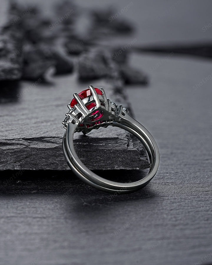 Vintage Black Gold Round Shape Ruby Engagement Ring Set, Black Rhodium Ruby Wedding Set, Unique Dark Bridal Set, Black Promise Ring for her - ShainJewelry