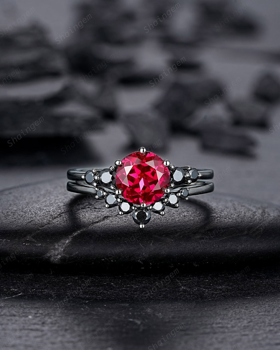Vintage Black Gold Round Shape Ruby Engagement Ring Set, Black Rhodium Ruby Wedding Set, Unique Dark Bridal Set, Black Promise Ring for her - ShainJewelry