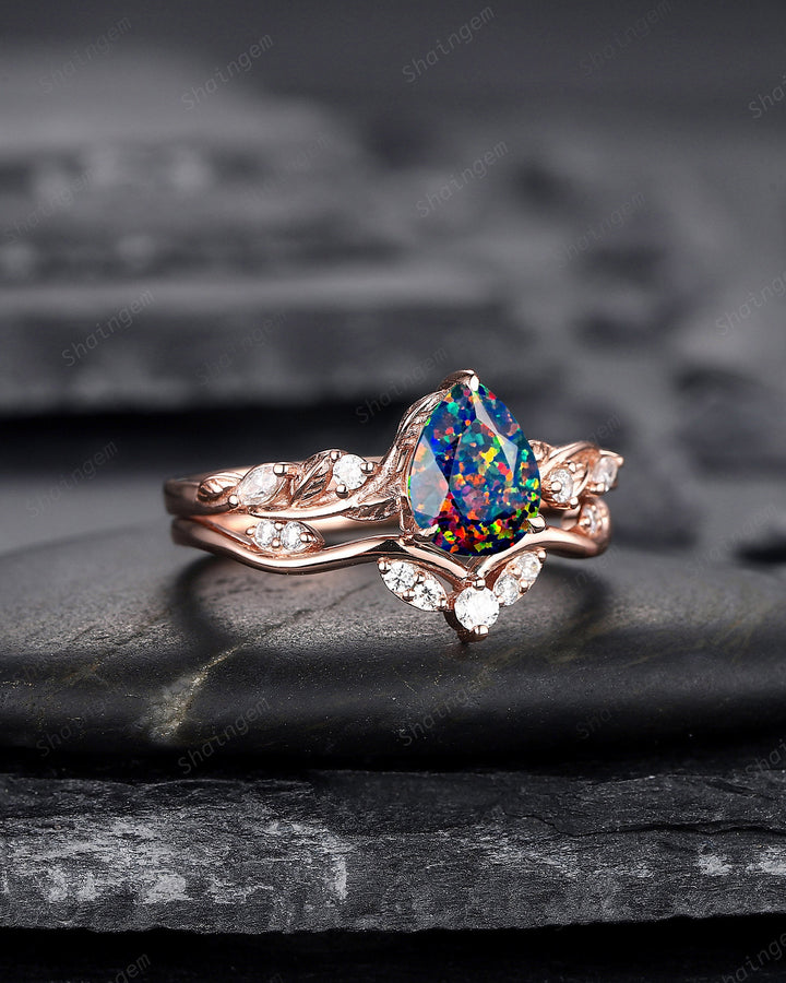 Nature Inspired Pear Cut Facet Black Opal Leaf Engagement Ring Set, Unique Rose Gold Twig Branch Wedding Ring Bridal Set, Vine Promise Ring - ShainJewelry
