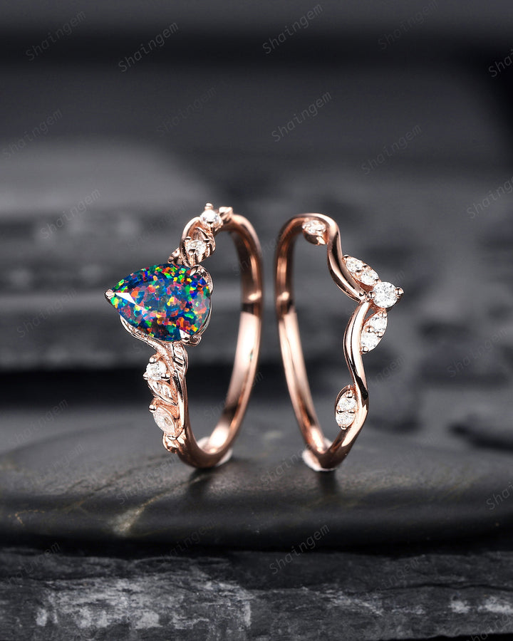 Nature Inspired Pear Cut Facet Black Opal Leaf Engagement Ring Set, Unique Rose Gold Twig Branch Wedding Ring Bridal Set, Vine Promise Ring - ShainJewelry