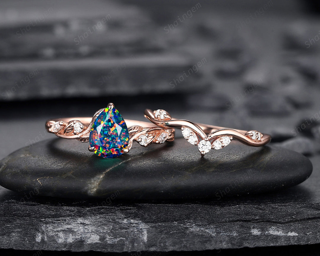Nature Inspired Pear Cut Facet Black Opal Leaf Engagement Ring Set, Unique Rose Gold Twig Branch Wedding Ring Bridal Set, Vine Promise Ring - ShainJewelry