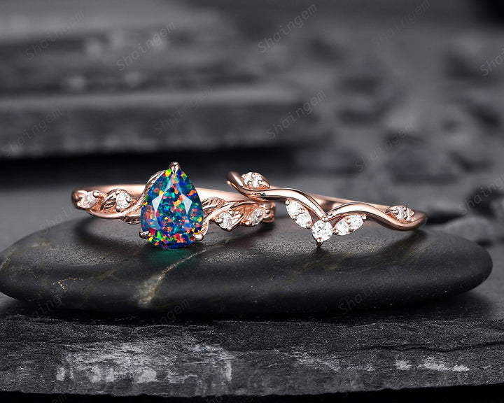 Nature Inspired Pear Cut Facet Black Opal Leaf Engagement Ring Set, Unique Rose Gold Twig Branch Wedding Ring Bridal Set, Vine Promise Ring - ShainJewelry