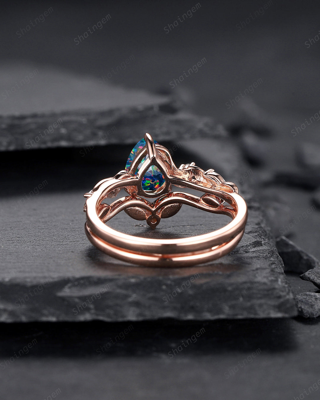 Nature Inspired Pear Cut Facet Black Opal Leaf Engagement Ring Set, Unique Rose Gold Twig Branch Wedding Ring Bridal Set, Vine Promise Ring - ShainJewelry