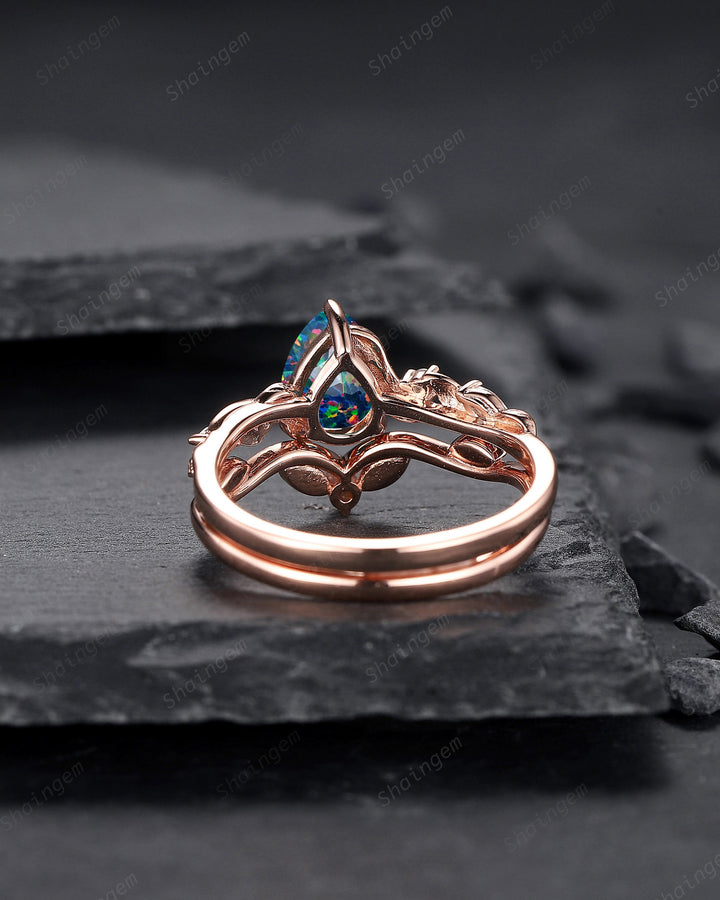 Nature Inspired Pear Cut Facet Black Opal Leaf Engagement Ring Set, Unique Rose Gold Twig Branch Wedding Ring Bridal Set, Vine Promise Ring - ShainJewelry