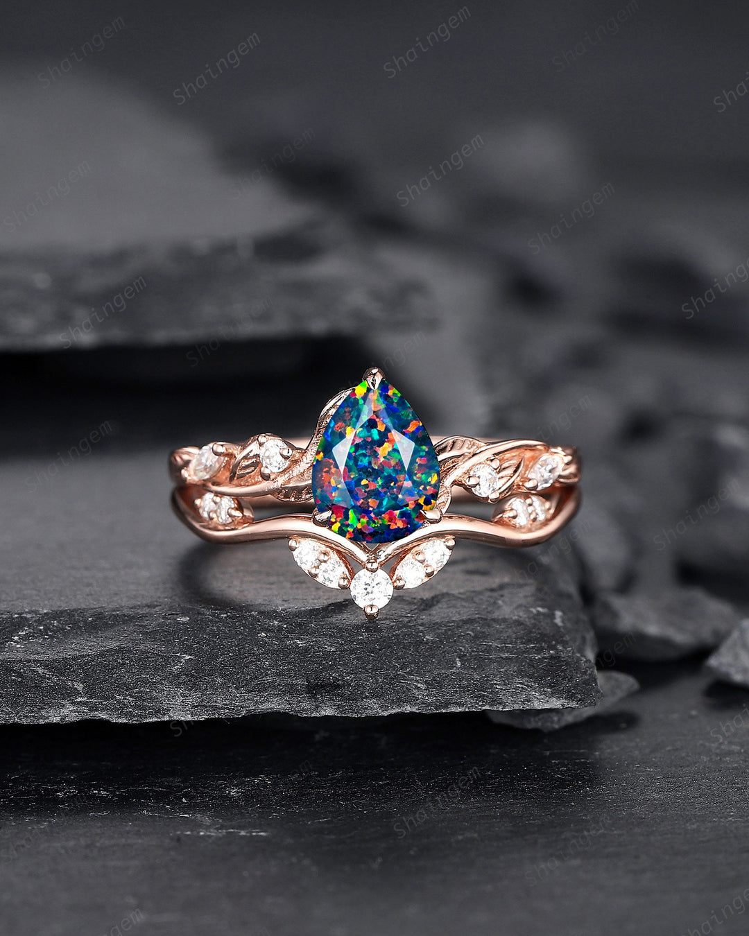 Nature Inspired Pear Cut Facet Black Opal Leaf Engagement Ring Set, Unique Rose Gold Twig Branch Wedding Ring Bridal Set, Vine Promise Ring - ShainJewelry