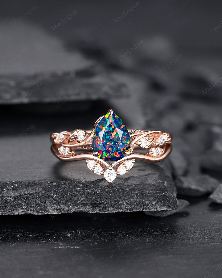 Nature Inspired Pear Cut Facet Black Opal Leaf Engagement Ring Set, Unique Rose Gold Twig Branch Wedding Ring Bridal Set, Vine Promise Ring - ShainJewelry
