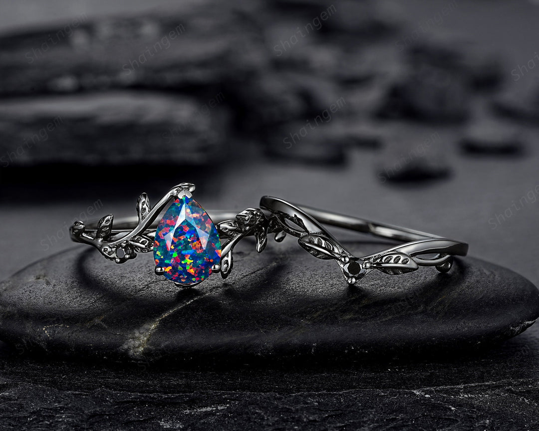 Black Gold Pear Shape Facet Black Opal Vine Engagement Ring, Rhodium Black Twig Branch Wedding Set, Witchy Leaf Bridal Set Promise Ring Gift - ShainJewelry