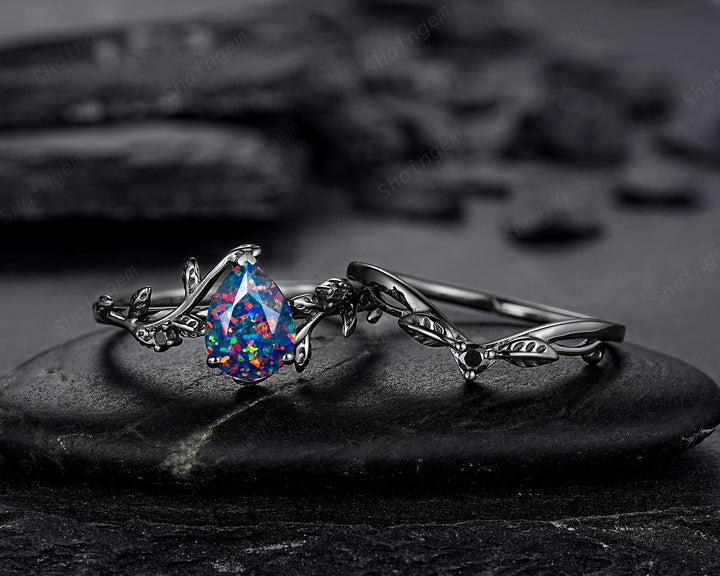 Black Gold Pear Shape Facet Black Opal Vine Engagement Ring, Rhodium Black Twig Branch Wedding Set, Witchy Leaf Bridal Set Promise Ring Gift - ShainJewelry