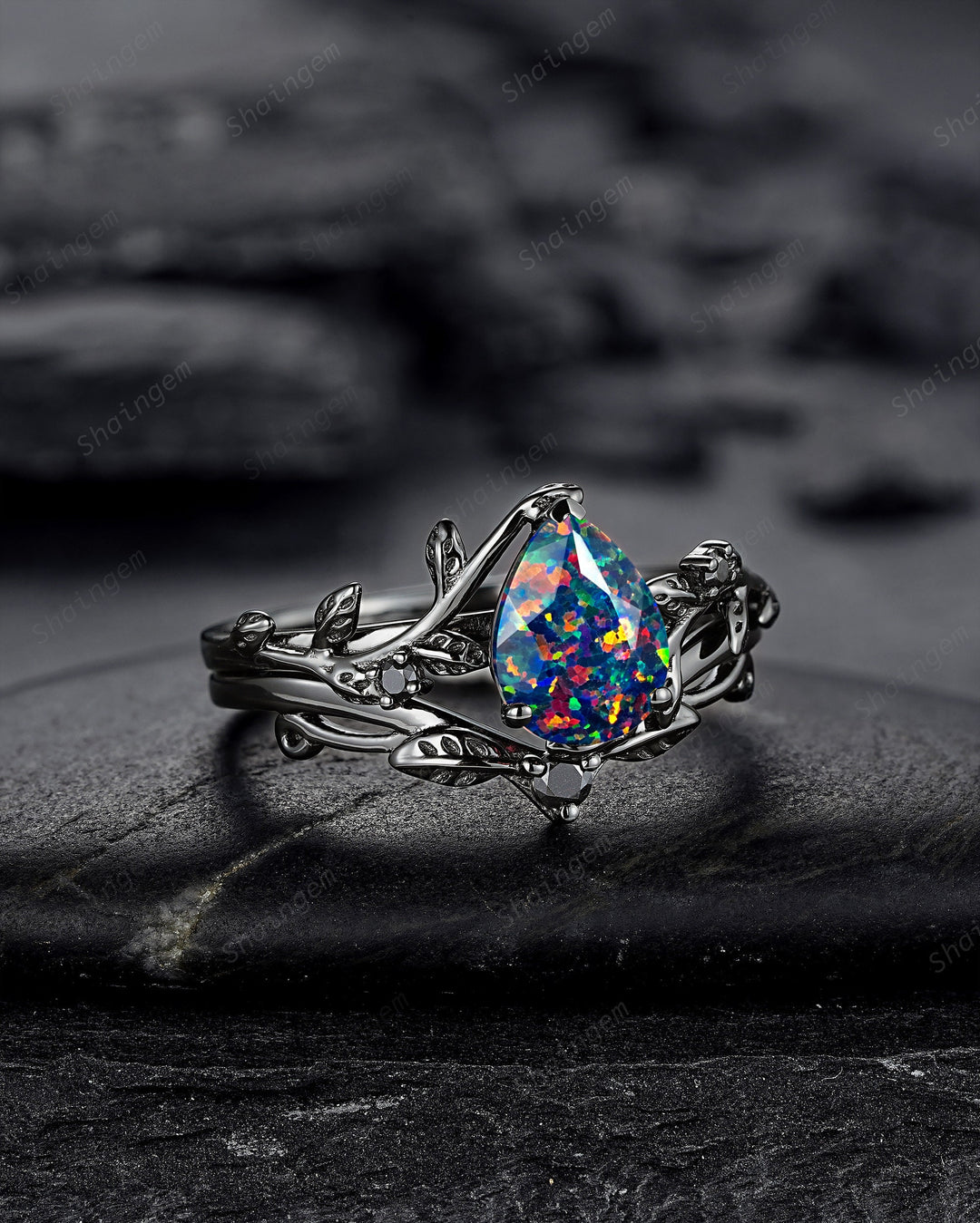 Black Gold Pear Shape Facet Black Opal Vine Engagement Ring, Rhodium Black Twig Branch Wedding Set, Witchy Leaf Bridal Set Promise Ring Gift - ShainJewelry