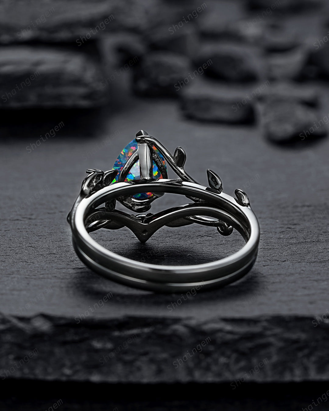 Black Gold Pear Shape Facet Black Opal Vine Engagement Ring, Rhodium Black Twig Branch Wedding Set, Witchy Leaf Bridal Set Promise Ring Gift - ShainJewelry