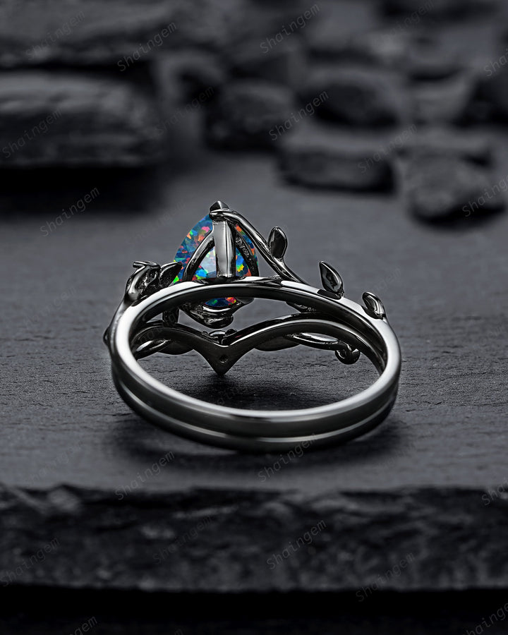 Black Gold Pear Shape Facet Black Opal Vine Engagement Ring, Rhodium Black Twig Branch Wedding Set, Witchy Leaf Bridal Set Promise Ring Gift - ShainJewelry