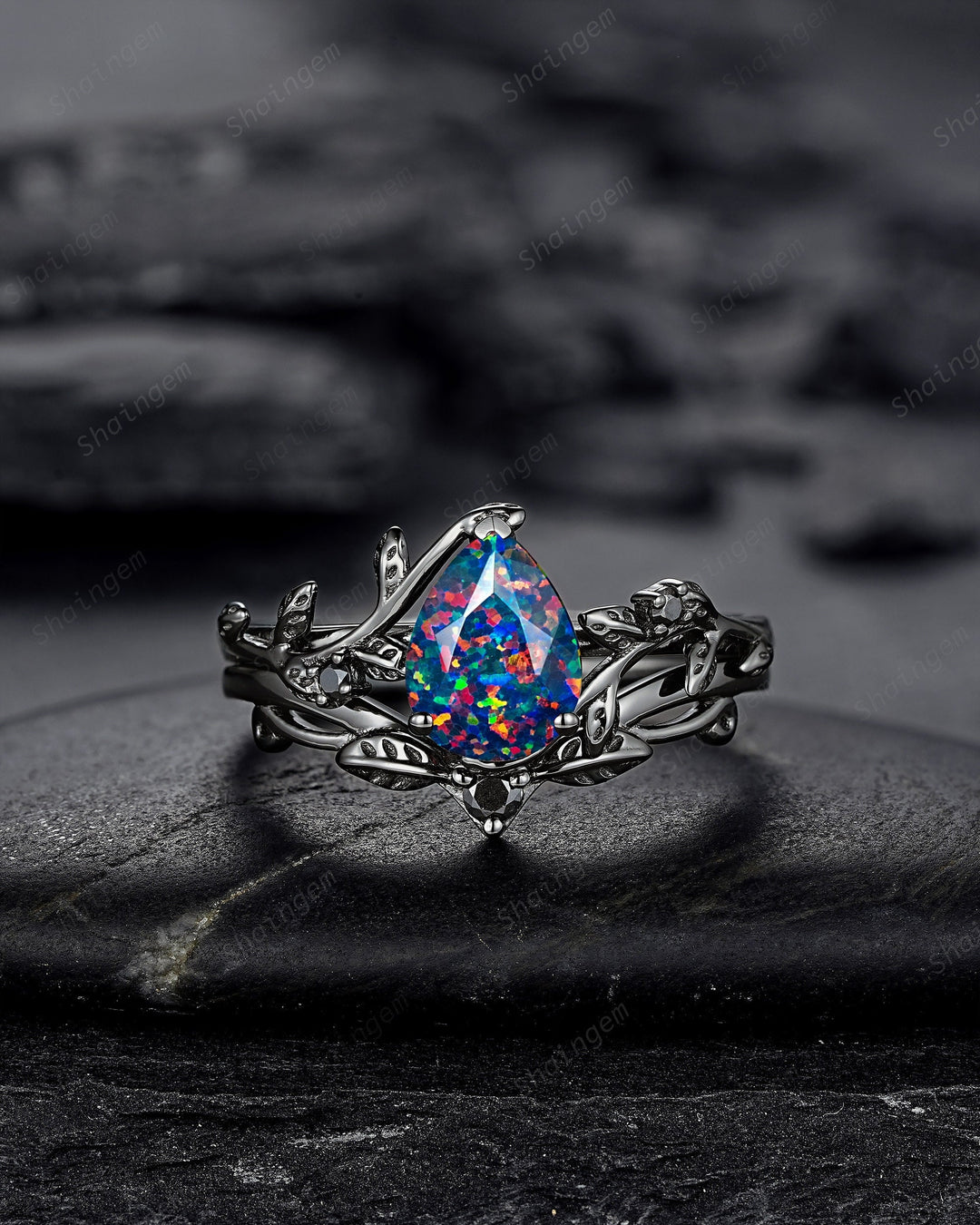 Black Gold Pear Shape Facet Black Opal Vine Engagement Ring, Rhodium Black Twig Branch Wedding Set, Witchy Leaf Bridal Set Promise Ring Gift - ShainJewelry