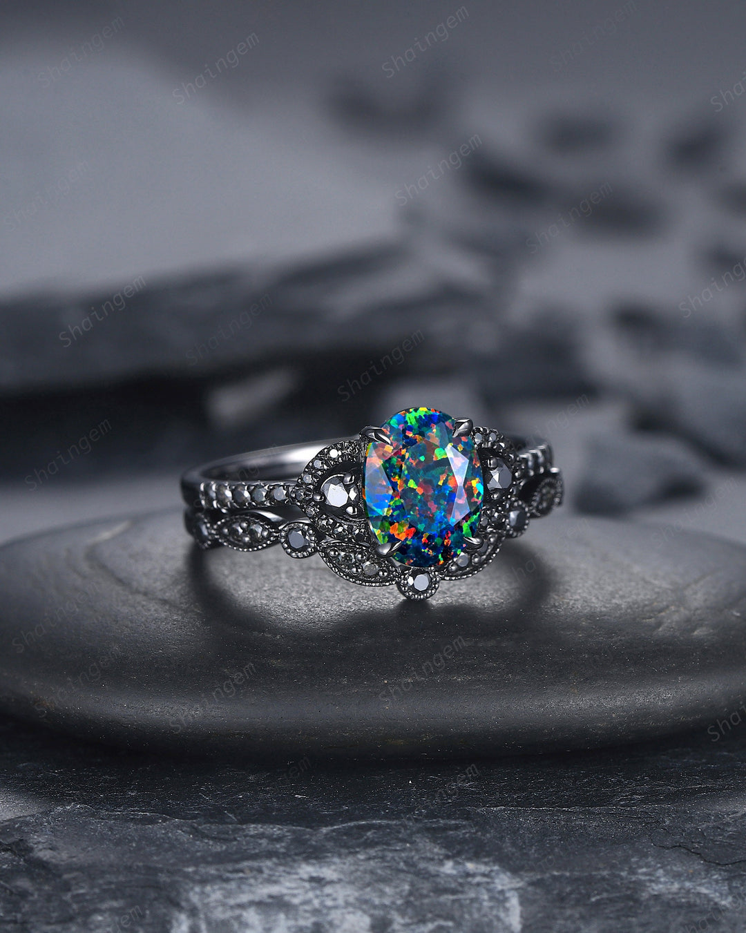 Oval Shape Facet Black Fire Opal Engagement Ring Set, Black Gold Multi Fire Opal Promise Ring, Unique Rhodium Black Witchy Ring Bridal Set - ShainJewelry