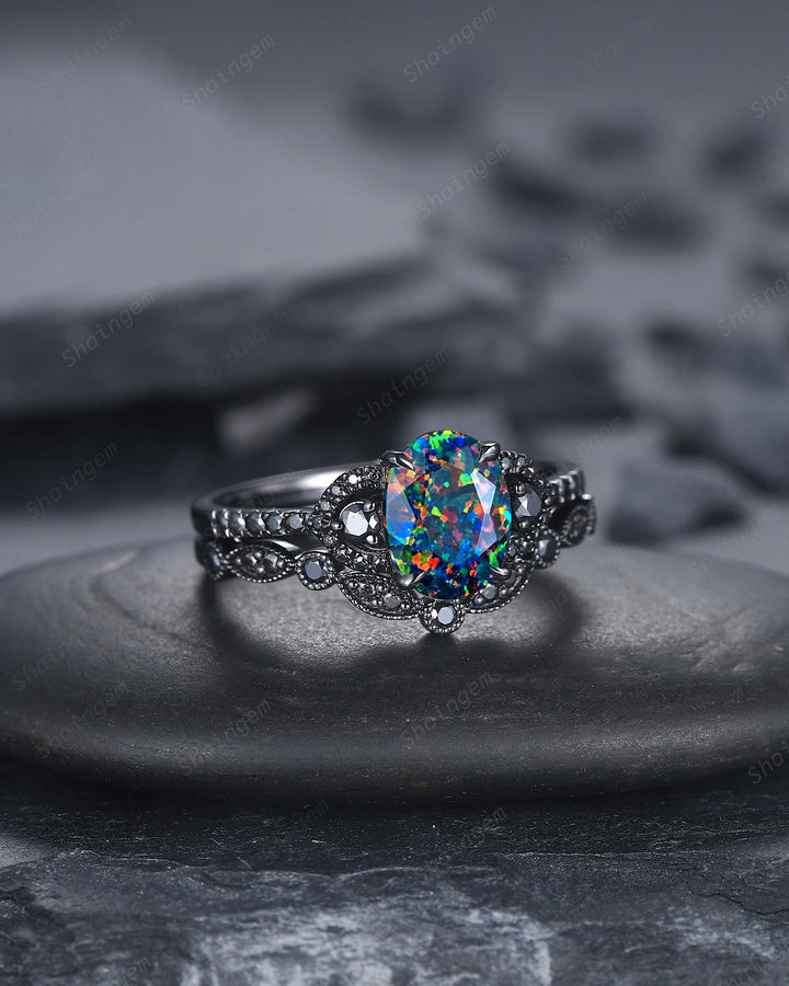 Oval Shape Facet Black Fire Opal Engagement Ring Set, Black Gold Multi Fire Opal Promise Ring, Unique Rhodium Black Witchy Ring Bridal Set - ShainJewelry