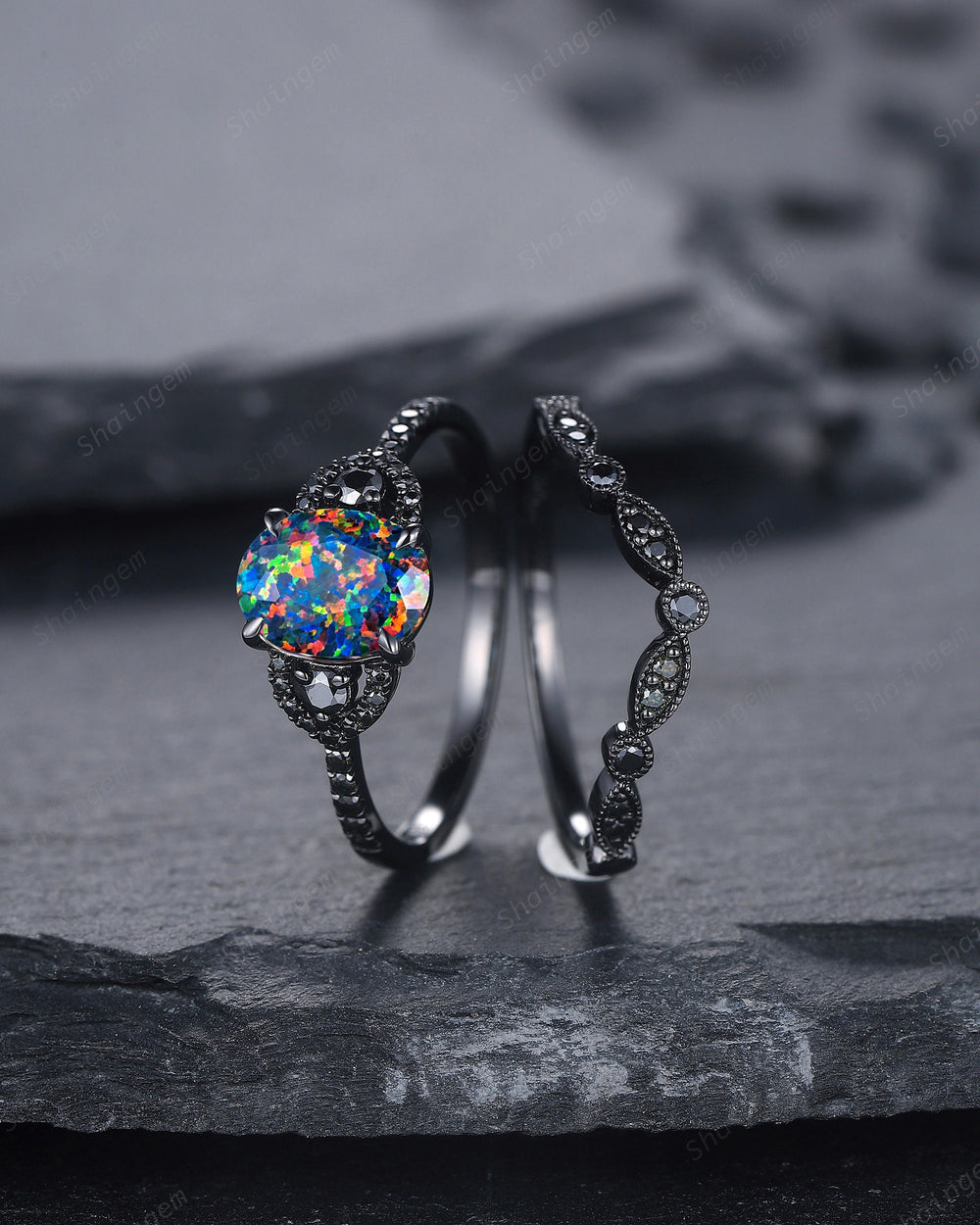 Oval Shape Facet Black Fire Opal Engagement Ring Set, Black Gold Multi Fire Opal Promise Ring, Unique Rhodium Black Witchy Ring Bridal Set - ShainJewelry