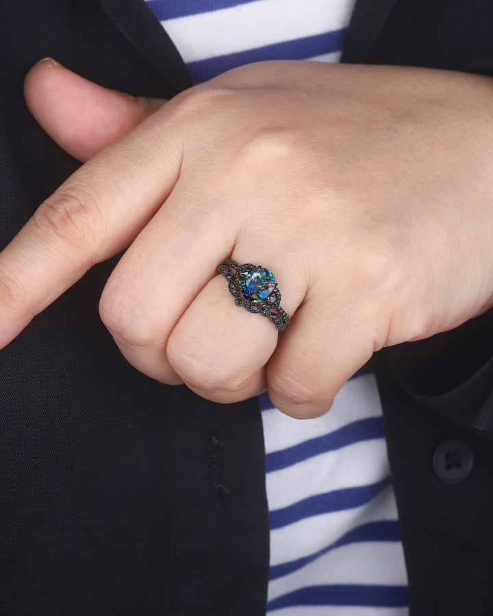 Oval Shape Facet Black Fire Opal Engagement Ring Set, Black Gold Multi Fire Opal Promise Ring, Unique Rhodium Black Witchy Ring Bridal Set - ShainJewelry
