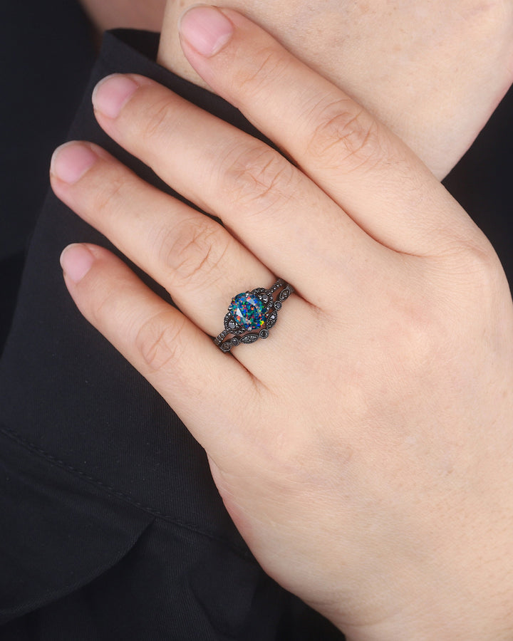 Oval Shape Facet Black Fire Opal Engagement Ring Set, Black Gold Multi Fire Opal Promise Ring, Unique Rhodium Black Witchy Ring Bridal Set - ShainJewelry