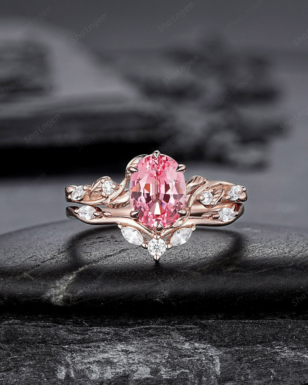 Oval Padparadscha Pink Sapphire and Diamond Engagement Ring Set, Rose Gold Twig Branch Wedding Ring Bridal Set, Promise Ring Gift for Women - ShainJewelry