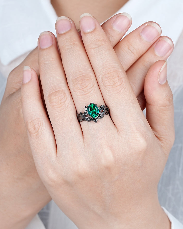 Nature Inspired Black Gold Emerald Engagement Ring Set, Rhodium Black Emerald Promise Ring, Black Wedding Ring, Gothic Anniversary Ring Gift - ShainJewelry