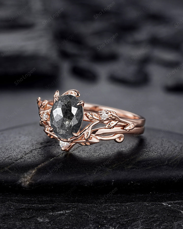 Nature Inspired Salt and Pepper Diamond Leaf Engagement Ring, Oval Shape Gray Diamond Twig Branch Promise Ring, Rose Gold Vine Wedding Ring - ShainJewelry