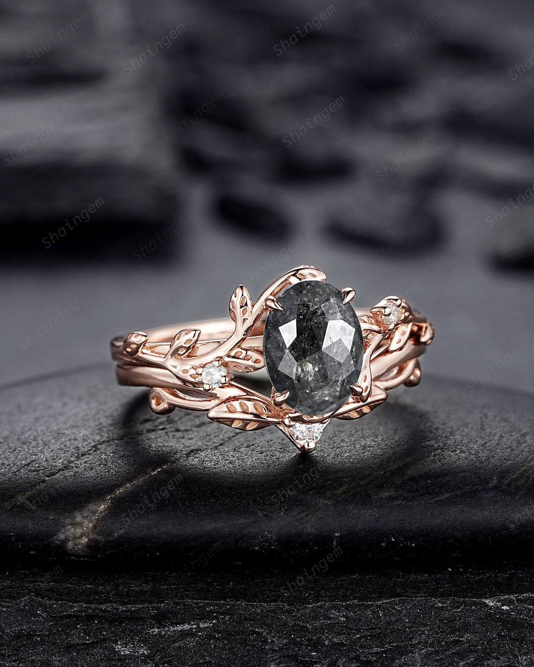 Nature Inspired Salt and Pepper Diamond Leaf Engagement Ring, Oval Shape Gray Diamond Twig Branch Promise Ring, Rose Gold Vine Wedding Ring - ShainJewelry