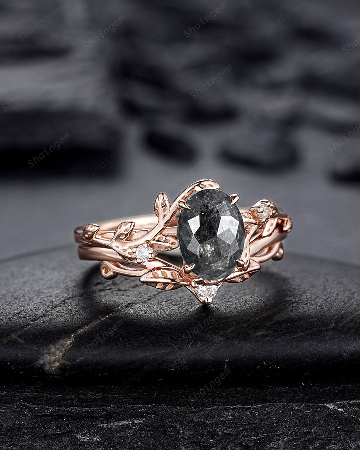 Nature Inspired Salt and Pepper Diamond Leaf Engagement Ring, Oval Shape Gray Diamond Twig Branch Promise Ring, Rose Gold Vine Wedding Ring - ShainJewelry