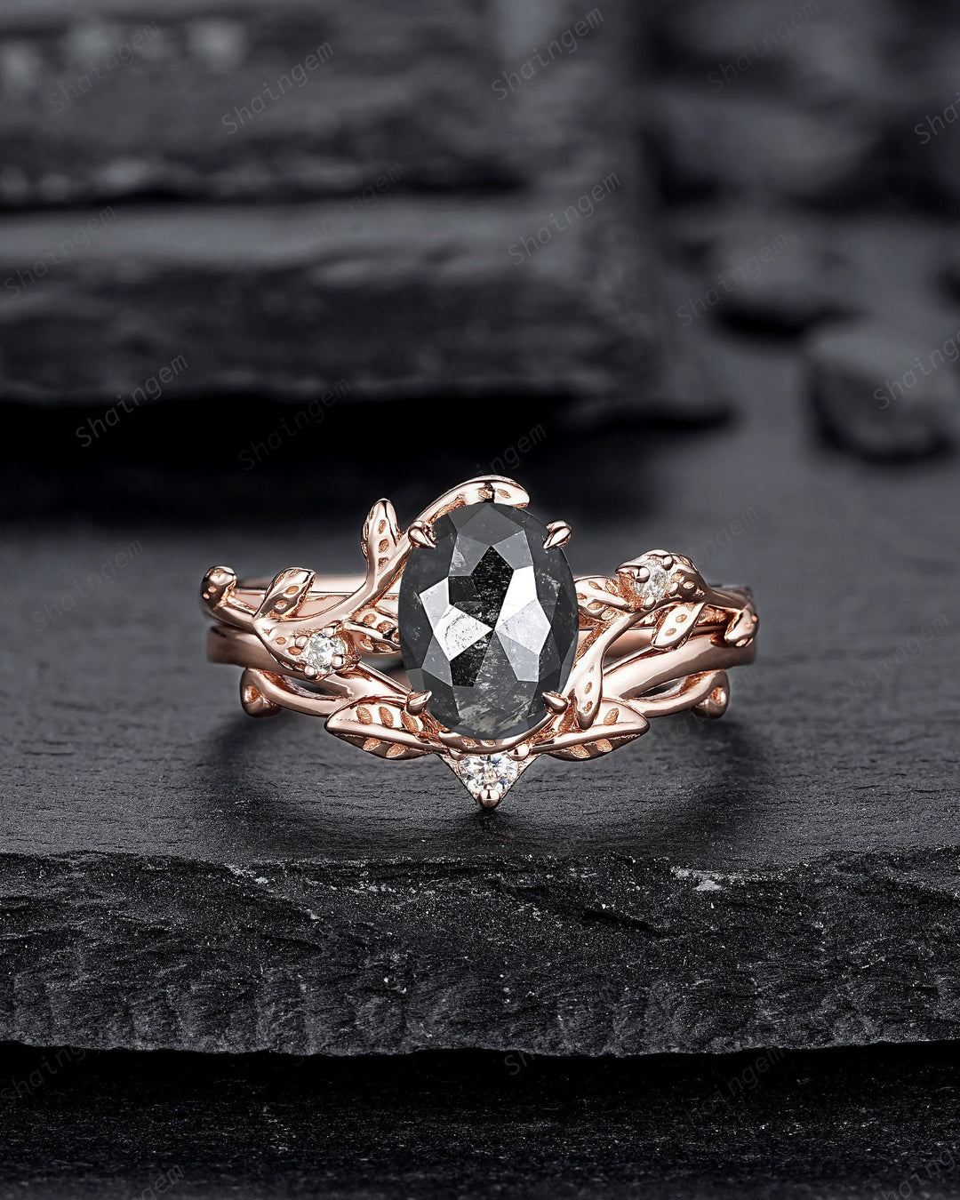Nature Inspired Salt and Pepper Diamond Leaf Engagement Ring, Oval Shape Gray Diamond Twig Branch Promise Ring, Rose Gold Vine Wedding Ring - ShainJewelry