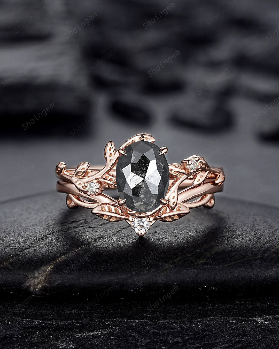 Nature Inspired Salt and Pepper Diamond Leaf Engagement Ring, Oval Shape Gray Diamond Twig Branch Promise Ring, Rose Gold Vine Wedding Ring - ShainJewelry