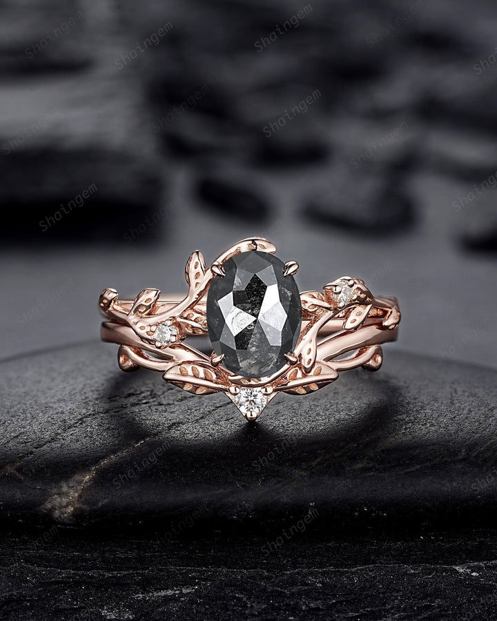 Nature Inspired Salt and Pepper Diamond Leaf Engagement Ring, Oval Shape Gray Diamond Twig Branch Promise Ring, Rose Gold Vine Wedding Ring - ShainJewelry