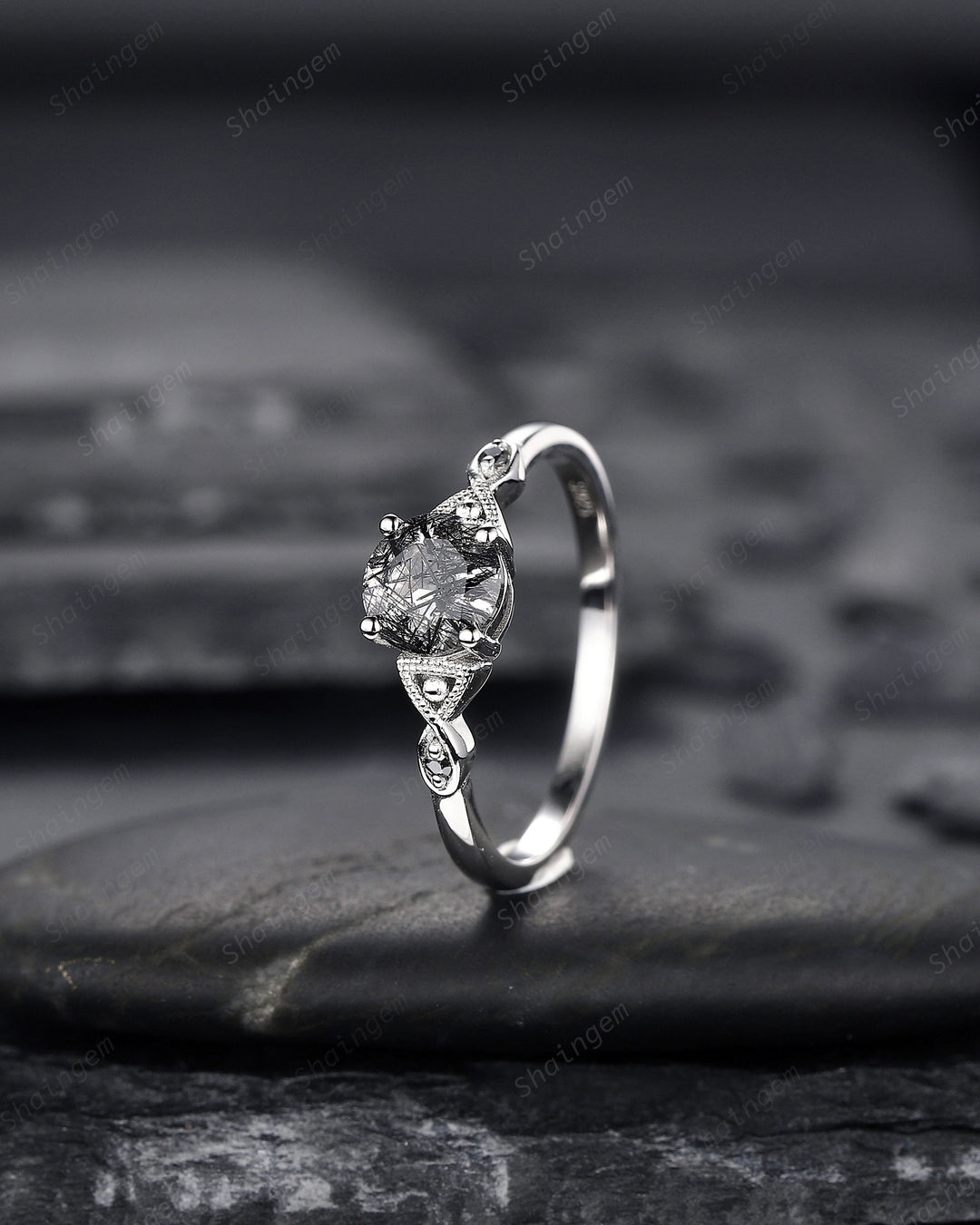 Platinum Round Cut Black Rutilated Quartz Engagement Ring, Infinity 14K White Gold Promise Ring, Silver Black Hair Wedding Anniversary Ring - ShainJewelry
