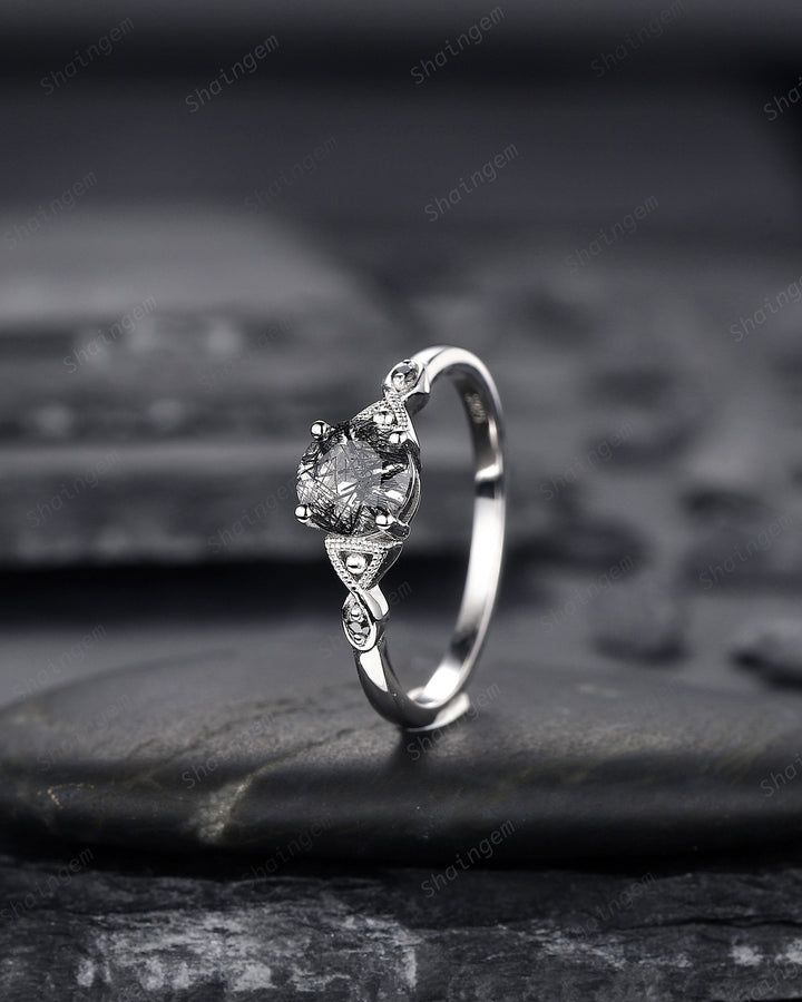 Platinum Round Cut Black Rutilated Quartz Engagement Ring, Infinity 14K White Gold Promise Ring, Silver Black Hair Wedding Anniversary Ring - ShainJewelry