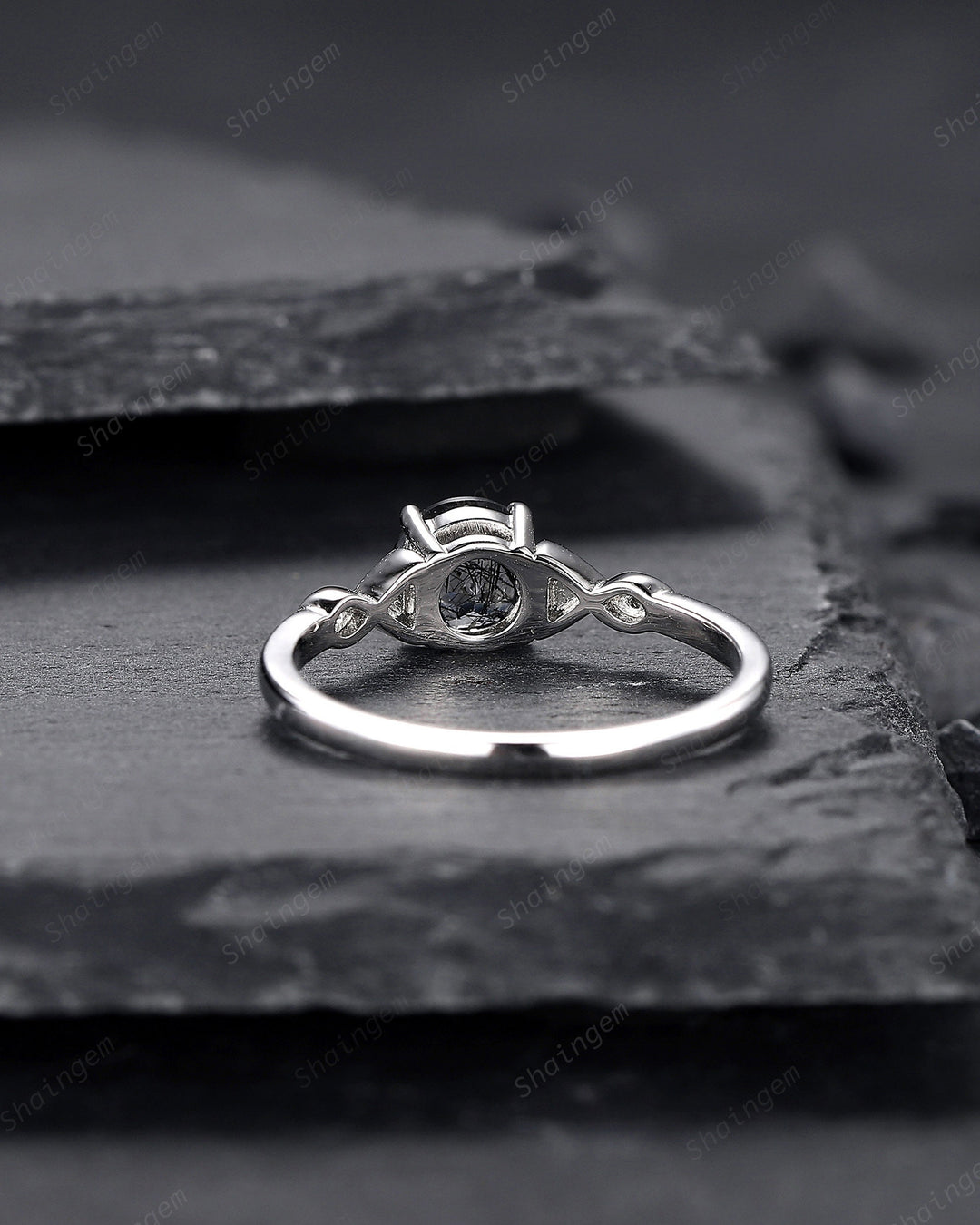 Platinum Round Cut Black Rutilated Quartz Engagement Ring, Infinity 14K White Gold Promise Ring, Silver Black Hair Wedding Anniversary Ring - ShainJewelry