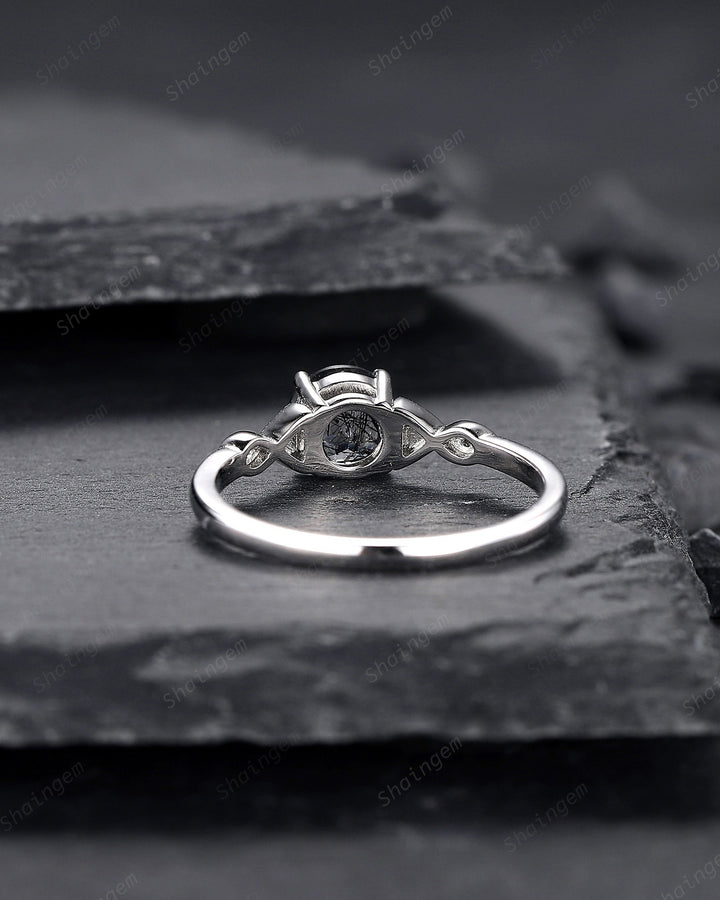 Platinum Round Cut Black Rutilated Quartz Engagement Ring, Infinity 14K White Gold Promise Ring, Silver Black Hair Wedding Anniversary Ring - ShainJewelry