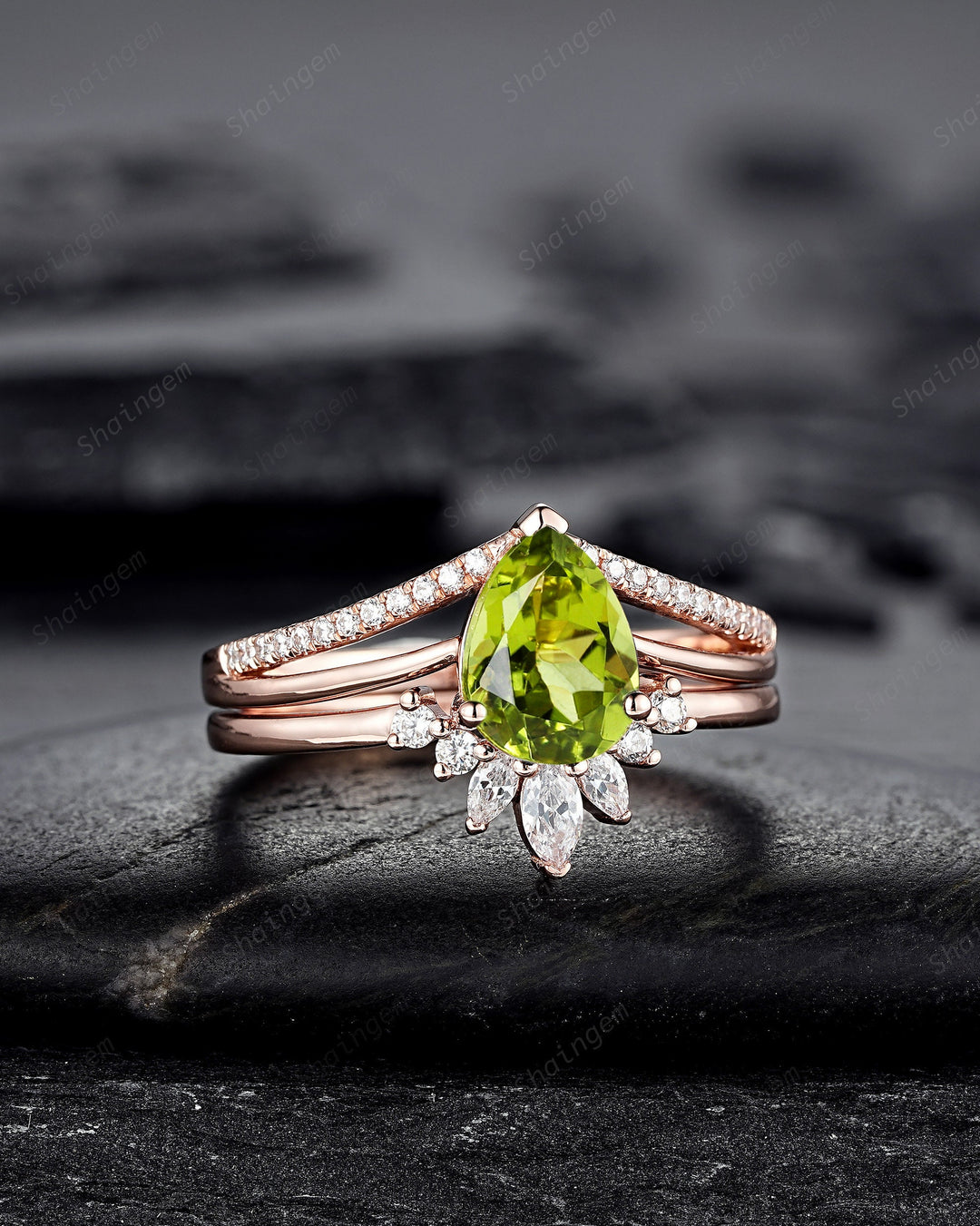 Split Shank Pear Shape Natural Peridot Engagement Ring Set, Green Perdiot Cluster Wedding Ring , 14K Rose Gold Half Eternity Promise Ring - ShainJewelry