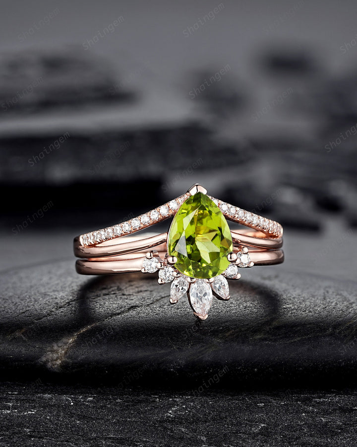 Split Shank Pear Shape Natural Peridot Engagement Ring Set, Green Perdiot Cluster Wedding Ring , 14K Rose Gold Half Eternity Promise Ring - ShainJewelry