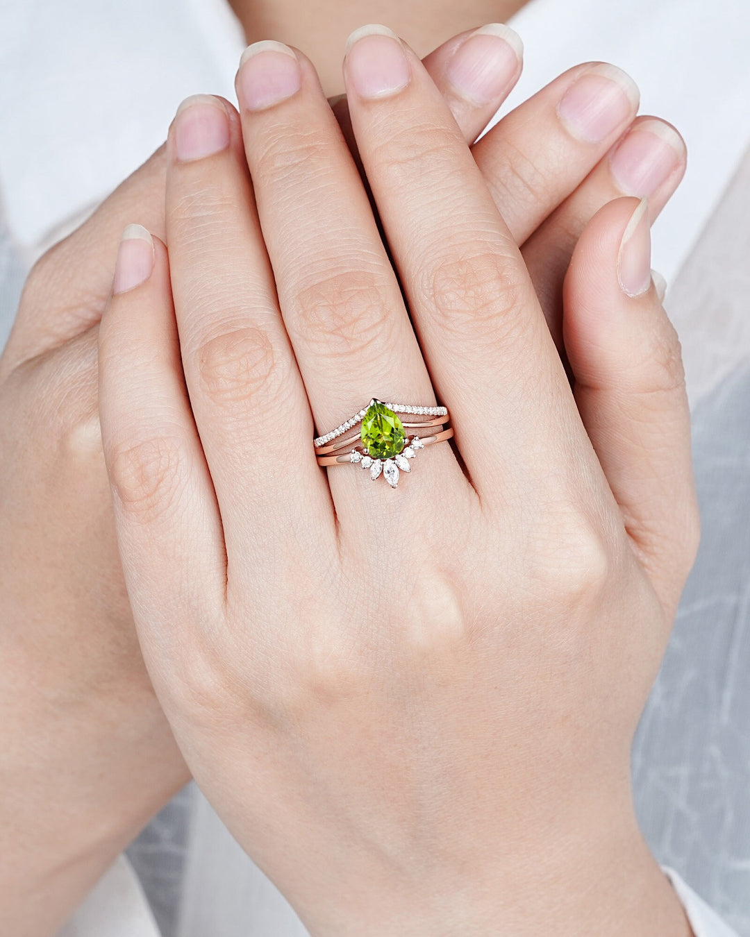 Split Shank Pear Shape Natural Peridot Engagement Ring Set, Green Perdiot Cluster Wedding Ring , 14K Rose Gold Half Eternity Promise Ring - ShainJewelry
