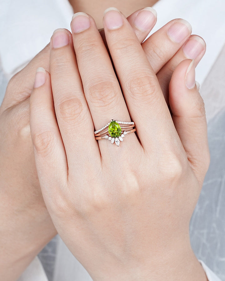 Split Shank Pear Shape Natural Peridot Engagement Ring Set, Green Perdiot Cluster Wedding Ring , 14K Rose Gold Half Eternity Promise Ring - ShainJewelry