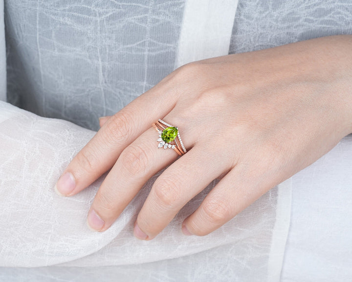 Split Shank Pear Shape Natural Peridot Engagement Ring Set, Green Perdiot Cluster Wedding Ring , 14K Rose Gold Half Eternity Promise Ring - ShainJewelry