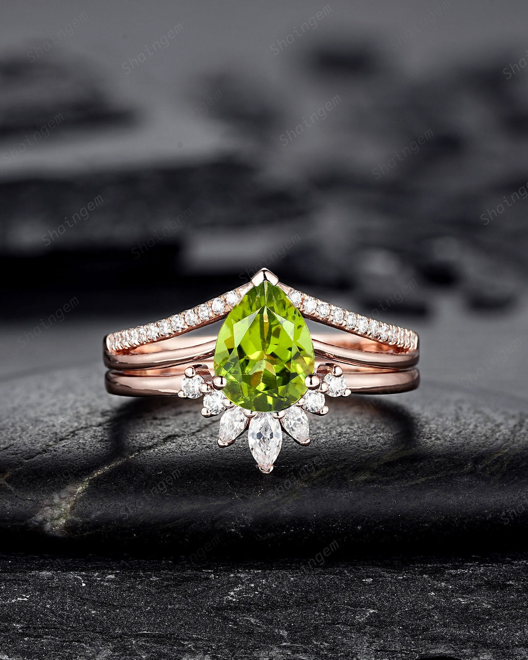 Split Shank Pear Shape Natural Peridot Engagement Ring Set, Green Perdiot Cluster Wedding Ring , 14K Rose Gold Half Eternity Promise Ring - ShainJewelry